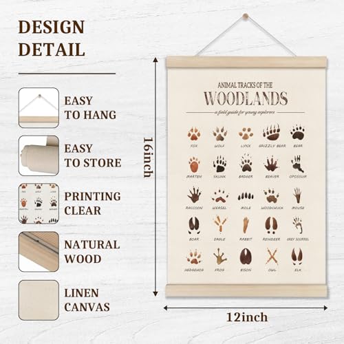 DOI-LANEE Woodland Tracks Poster Hanger Frame, Canvas Artwork Woodland Nursery, Jungle Nursery Decor, Animal Tracks Field Guide Sign, Forest Wall Art, Boy Wall Decor - color: Off-White03