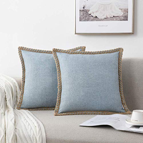 Set of 2 Farmhouse Throw Pillow Covers - Burlap Linen Trimmed Tailored Edges Decorative Cushion Covers for Bed Home Outdoor Decoration, 24" x24", Blue - color: Light Blue, size: 24" x 24" (Pack of 2)