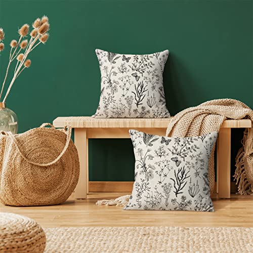 AEIOAE Spring Pillow Covers 16x16 Inch Set of 2,Black Gray Wild Flower Plant Throw Pillows Case,Seasonal Floral Outdoor Decorative Square Linen Farmhouse Decor Cushion Covers for Home Sofa Bed Couch - color: Wild Floral 02, size: 16" x 16" (Pack of 2)