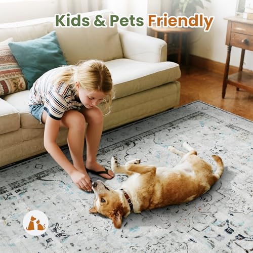 AMTOVO 2x3 Washable Entryway Area Rug Door Mat, Vintage Boho Distressed Print Pattern Non-Slip Carpet, Small Throw Rug for Indoor Entrance Kitchen Bedroom Bathroom Laundry Floor, Light Grey - color: Light Grey, size: 2' x 3' (Rectangular)