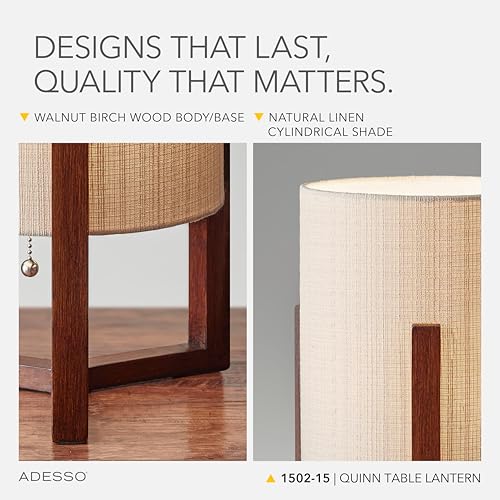 Adesso Quinn Table Lantern - Walnut Birch Wood & Natural Linen Shade – Perfect Nightstand, End Table, and Desk Lamp