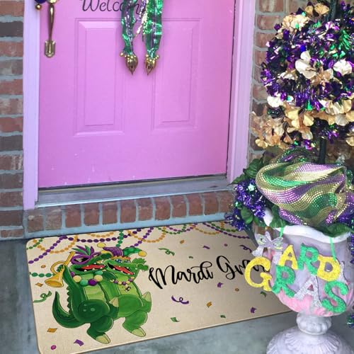 Mardi Gras Door Mat,Green Alligator New Orleans Carnival Masquerade Mask Beads Indoor Outdoor Non-Slip Doormat,Entryway Front Porch Welcome Mat for Entrance Decor 30" x 17" - color: Mardi Gras Doormat 3