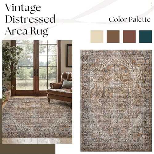 Brown Area Rug 5x7 Machine Washable Living Room Rug Modern Farmhouse Low Pile Non Slip Low Pile Boho Vintage Floral Moody Carpet for Bedroom, Dark Brown - color: Brown, size: 5' x 7' (Rectangular)