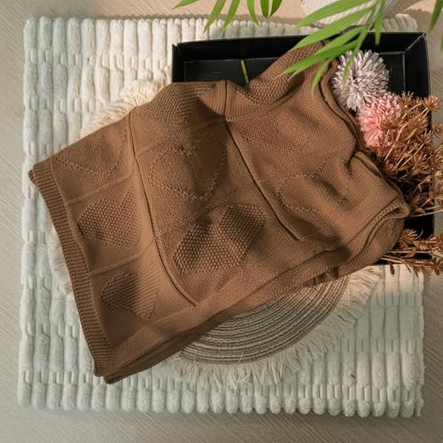 Baby Knit Cotton Blanket Mocha Heart Pattern Soft Breathable Throw for Crib Or Stroller Nursery Gift Baby Shower Birthday Christmas Size 30x30 - color: Mocha, size: 30"x30"