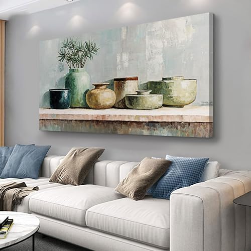 AERART Blue-Green Geometric Abstract Vase & Plant Wall Art - 20"x40" Framed Canvas Painting Artwork for Boho/Living Room/Bedroom Neutral Home Wall Decor - color: Cyan, size: 40"L x 20"W