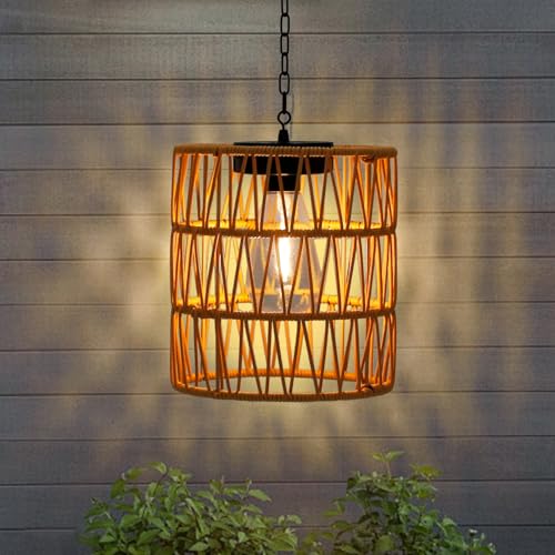 Livinlarge Solar Chandelier Lantern,Outdoor Rattan Pendant Lights,Waterproof Boho Hanging Lamps with Edison Bulb for Gazebo Tree Porch Yard Porch Patio Garden Backyard Decor - style: Solar Chandelier Lantern