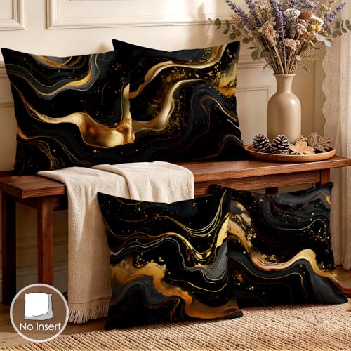 OBSEDE Abstract Black Gold Marble Decorative Throw Pillow Covers 18 × 18 in, Set of 4, Couch Cushion Cases Inserts for Sofa Bed Living Room Home Decor, Double-Sided Print - color: Abstract Black Gold Marble, size: 18" x 18" (Pack of 4)