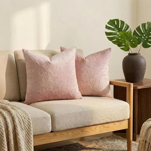 Mantle & Mason Modern Scandi Cushion Covers Leaf Pattern Throw Pillow Covers 18x18 inch Set of 2 Soft Velvet Embossing Decorative Pillow Covers for Couch Sofa Bed Chair Living Room Home Decor Pink - color: Leaf Pink, size: 18" x 18" (Pack of 2)