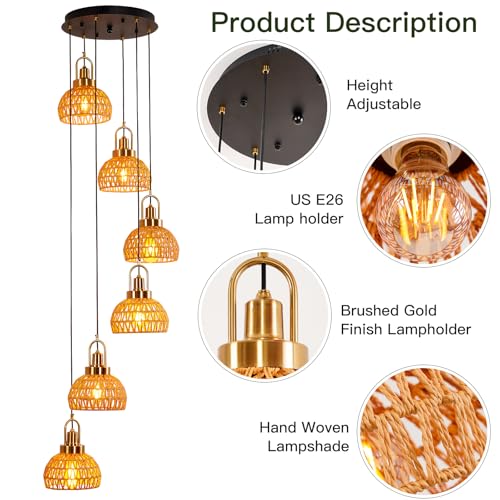 Modern Boho Gold Rattan Pendant Light 6-Lights Vintage Farmhouse Rattan Pendant Light Fixture Hand Woven Golden Bamboo Wicker Pendant Lights for Kitchen Stairwell, Entryway, Living Room - color: Gold 6-Lights
