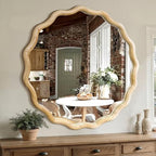 Circle Wood Mirrors for Wall, Wavy Round Bathroom Scalloped Mirror Wooden Frame 36 Inch for Living Room Farmhouse Bedroom Hallway Entryway Living Room with Shatterproof Glass Wall Mounted - size: 36"L x 36"W