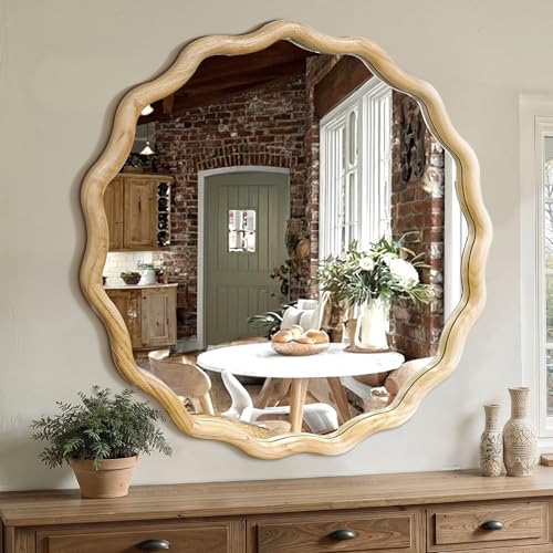 Circle Wood Mirrors for Wall, Wavy Round Bathroom Scalloped Mirror Wooden Frame 36 Inch for Living Room Farmhouse Bedroom Hallway Entryway Living Room with Shatterproof Glass Wall Mounted - size: 36"L x 36"W
