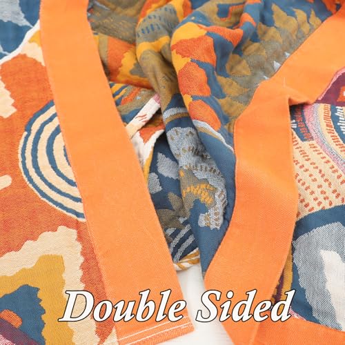 Snycler Boho Throw Blanket for Bed - 100% Cotton Ultra Soft Rustic Quilt Fall Blanket - Orange Floral Printed Farmhouse Decor Bed Blankets, 60"×80" All Season Rustic Throw for Sofa Couch Chair - color: Boho Orange, size: 60"x80"