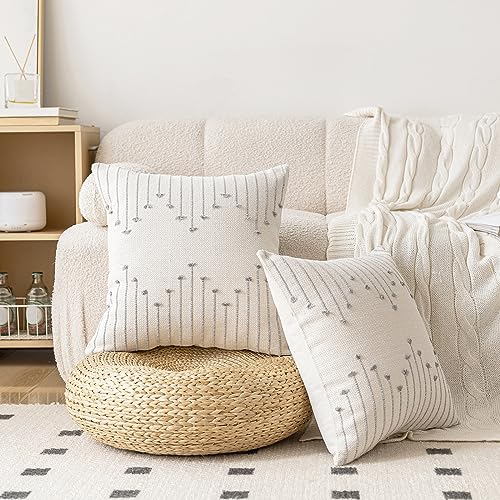 LILEPOY Boho Throw Pillow Covers 18x18 Set of 2 Neutral Decorative Textured Cushion Case Farmhouse Pillowcase Modern Square Pillow Covers for Sofa,Couch, Living Room,Beige and Grey - color: Beige and Grey, size: 18" x 18" (Pack of 2)