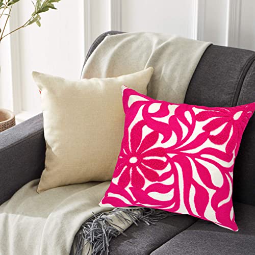 Alysheer Farmhouse Floral Leaves Embroidered Decorative Throw Pillow Cover 18x18 inches, Boho Tufted Flowers Embroidery Pattern Chic Cotton Cushion Case for Couch Bed Sofa Living Room(Bright Hot Pink) - color: Hot Pink Floral, size: 18" x 18" (Pack of 1)
