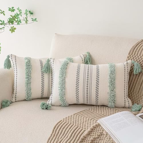 Boho Throw Pillow Covers 12x20 Set of 2 Woven Tufted Farmhouse Pillows Cover with Tassels Textured Striped Cushion Case Lumbar Pillow Cases Decorative Pillowcase for Sofa, Couch, Bed, Light Green - color: Light Green, size: 20" x 12" (Pack of 2)