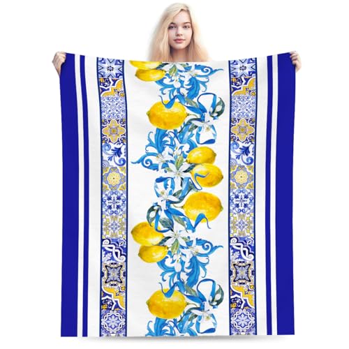 Blue Lemon Throw Blanket for Couch Chair Sofa Bed, Flannel Soft Mediterranean Ceramic Tiles Elegant Baroque Blanket for Bedroom Living Room Car, Warm Cozy Farmhouse Blankets for All Season 30"x 40" - color: Lemon03, size: 30X40 inch
