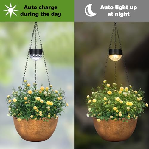BAYN 2 Packs Solar Hanging Basket Planters for Plants Outdoor, Self Watering Bronze Flower Plants Pots with Solar Light Drainer for Balcony Patio Garden Outdoor Decoration - color: Bronze