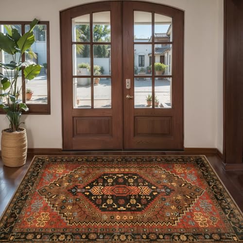 Ciicool 3x5 Area Rug, Washable Red Boho Rugs for Bedroom Non-Slip Indoor Rugs Large Low-Pile Mat Floor Carpet Vintage Rug for Kitchen Living Room Office Dinning Foyer Decor - color: Red/Gold, size: 3' x 5' (Rectangular)