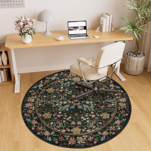 DUKINO Floral Washable Round Rug, 4ft Non Slip Vintage Area Rug for Bedroom, Soft Lightweight & Low Pile Design Small Floral Circle Carpet for Entryway, Kitchen, Nursery, Living Room, Black - color: Black, size: 4' (Round)