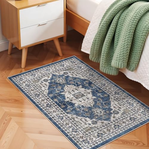 2x3 Washable Vintage Area Rug: Indoor Soft Entryway Rug with Non Slip Backing Water Resistant Carpet for Kitchen Bathroom Laundry Low Pile Door Mat Perfect for Homes with Cats & Dogs(2x3,Blue) - color: Blue, size: 2' x 3' (Rectangular)