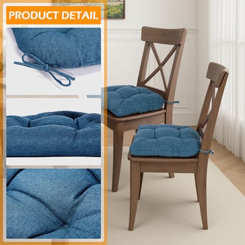 Chair Cushions for Dining Chairs Set of 4, Non Slip Indoor Kitchen Chair Cushions with Ties, Tufted Memory Foam Seat Chair Pads, 17" x 16" x 3", Blue - color: Blue, size: Pack of 4