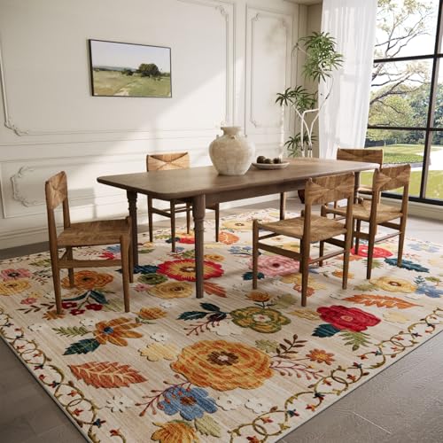 8x10 Area Rugs for Living Room: Washable Rug Non Slip Low Pile Soft Faux Wool Non Shedding Distressed Vintage Floral Large Area Rugs for Bedroom Dining Room Nursery Under Table Farmhouse Home Office - color: Beige Floral, size: 8' x 10' (Rectangular)