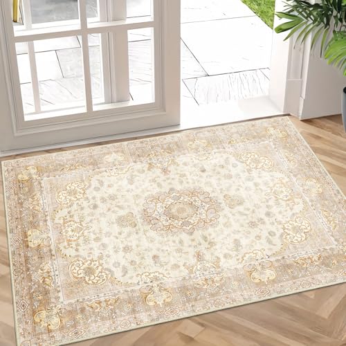 Small Rugs 2'x3',Boho Rug for Entryway Bathroom Kitchen Entrance Doormat,Vintage Bohemian Distressed Washable Accent Indoor Mat Floor Throw Carpet Non Slip,Beige Gold Floral - color: Beige, size: 2'x3'