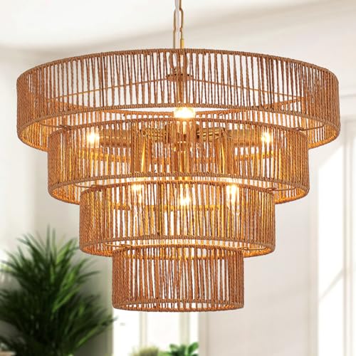19.7" Boho Rattan Chandelier 6-Light Farmhouse Hand-Woven Drum Light Fixture, Vintage Rustic Wicker Rattan Gold Chandelier for Dining Room, Bedroom, Kitchen, Living Room, E12 Base - color: Gold 19IN
