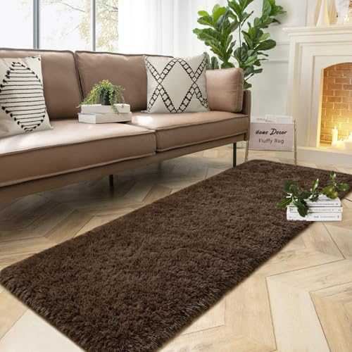 DweIke Fluffy Brown Runner Rugs for Bedroom, 2x6 Feet Soft Plush Long Runners for Girls Boys Kids, Non-Slip and Machine Washable Bedside Rug, Small Throw Carpet for Hallway Rooms Decor - color: Brown, size: 2 Ft X 6 Ft