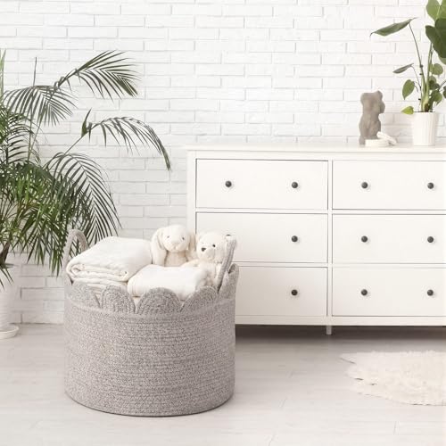 LemonRoad Brown Variegated Round Basket Large Blanket Basket 15.8" L X 15.8" W X13.8" H Scalloped Woven Baskets Cotton Storage Baskets for Nursery Classroom Closet Blankets Storage Home Decor - color: Brown Variegated, size: 15.8" L X 15.8" W X13.8" H