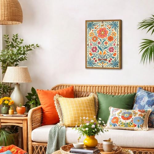 Framed Vintage Mexican Floral Canvas Wall Art, Colorful Folk Flower Wall Decor Pictures, Boho Botanical Painting Prints Rustic Home Decor for Living Room Bedroom 12x16 inch - color: Mexican Floral, size: 16"L x 12"W