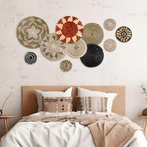 Tatuo 11 Pcs Boho Wall Basket Decor Bulrush Woven Wall Hanging Art Round Farmhouse Rustic Handmade Wicker for Summer Home, Bedroom, Living Room, Kitchen Decorations, Multi Sizes(Dark) - style: Dark