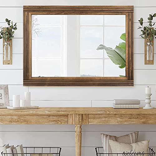 YOSHOOT Hand-Made Wooden Spliced Wall Mirror for Bathroom, Rustic Farmhouse Vanity Mirror, Décor Wall Art, Solid Wood Frame, Vertical or Horizontal Hanging, 53" x 28", Brown - color: Spliced Brown, size: 53"L x 28"W