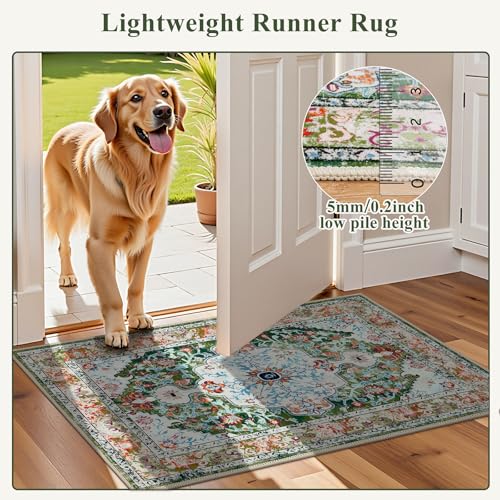 U'Artlines 2' x 5' Boho Hallway Runner Rug, Non Slip Washable Vintage Farmhouse Accent Area Rug Carpet for Kitchen Entryway Laundry and Living Room (Green) - color: Green, size: 2' x 5' (Runner)