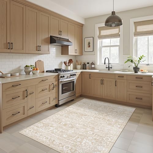 Soalmost Area Rugs 4x6 for Living Room, Neutral Washable Rugs for Dining Room, Entryway, Kitchen, Floral Vintage Non-Slip Area Rug Farmhouse 4'x6' Beige - color: Beige, size: 4' x 6' (Rectangular)