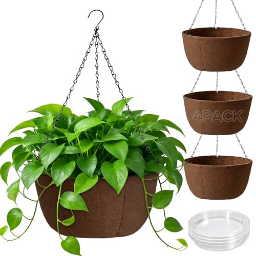 T4U Hanging Planters for Outdoor Plants, 10 Inch 4 Pack Fabric Hanging Baskets with Drainage Tray, Decorative Hanging Pots for Plants Outdoor Patio Porch Garden Use（Brown） - size: 10 Inch,4-Pack