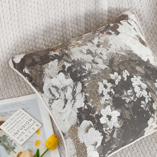 Vintage Floral Throw Pillow Covers 18x18 Set of 2 Neutral Boho Farmhouse Soft Chenille Jacquard Decorative Couch Pillow Covers for Sofa Couch Bed Living Room Home Décor Beige and Taupe - color: Beige and Taupe, size: 18" x 18" (Pack of 2)