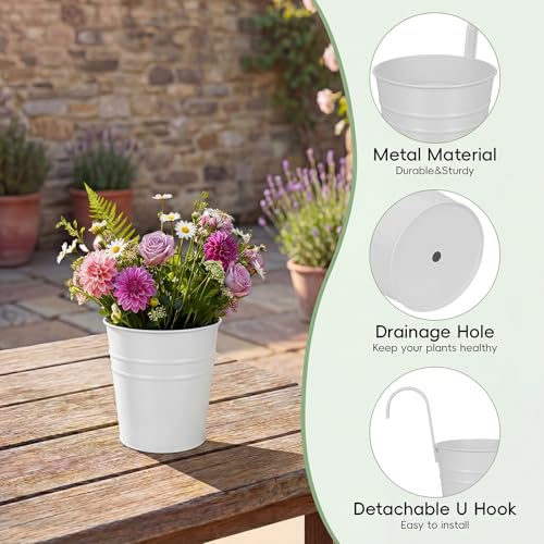 HowRU Hanging Flower Pots, Railing Planter Box for Outdoor Plants 12 Pack 5 Inch Metal Hanging Planters with Detachable Hooks Balcony Window Fence Garden Decoration Flower Boxes, White - color: White(5in)
