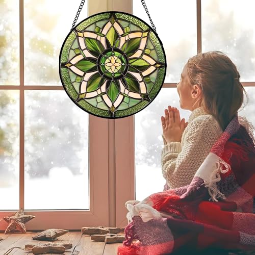 Stained Glass Window Hanging - White Green Boho Flower Suncatcher for Doors Window Home Sun Catchers Decor Christmas Mother's Day Birthday Gifts for Teacher Women Men Mom Nana 6.3 in - color: Green and White, size: 6.3x6.3 IN