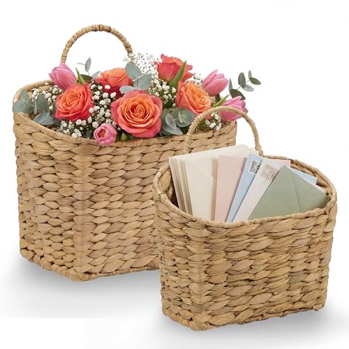 84ECO Set of 2 Wicker Hanging Baskets for Organizing, Front Door, Mail, Flowers - Woven Wall Baskets for Storage - color: Natural Water Hyacinth