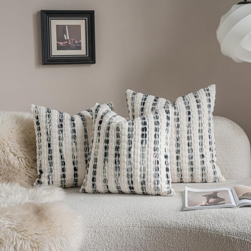 Caflife Boho Throw Pillow Covers 18x18 Inch Set of 2, Farmhouse Black Striped Textured Chenille Decorative Couch Pillow Cases, Rustic Accent Cushion Covers for Sofa Bed Living Room Bedroom - color: Black, size: 18" x 18" (Pack of 2)