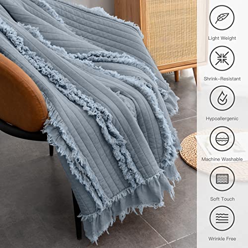 Ultra Soft Pre-Washed Quilted Throw Blanket, Ruffle Fringed Dark Blue Decorative Throw, Stone Washed Chic Rustic Blanket for Sofa Couch Bed Chair, 50"x 60" - color: Dark Blue, size: 50"x60"