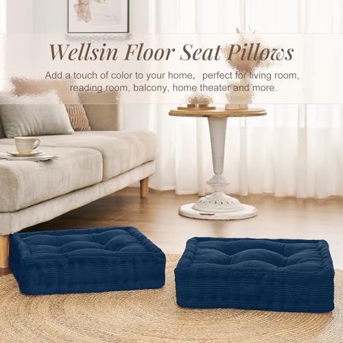 Wellsin Square Floor Pillows for Adults Kids - Meditation Floor Pillow Seating Cushion - Tufted Floor Cushion with Shredded Foam & Velvet Cover, 1 Pack, 20x20 Inch, Dark Blue - color: Navy Blue, size: 1 Pack (20"x20")