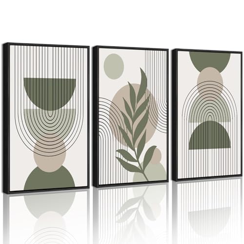 Drsoum 11x14in Boho Wall Art Green Sage Decor Framed Wood Modern Bohemian Abstract Geometry Canvas Prints Ready to Hang - Black Framed - color: green boho decor, Black Framed, size: 11" x 14"