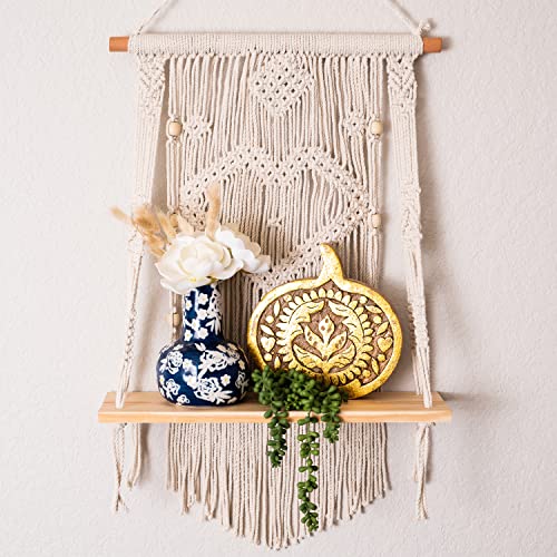 SnugLife Macrame Wall Hanging Shelf - Tier Wall Shelves with Handmade Woven Rope - Boho Shelves Organizer Hanger for Kitchen, Bathroom, Home Storage, Floating Indoor Plant Wall Shelf (1 Tier) - size: 1 Tier