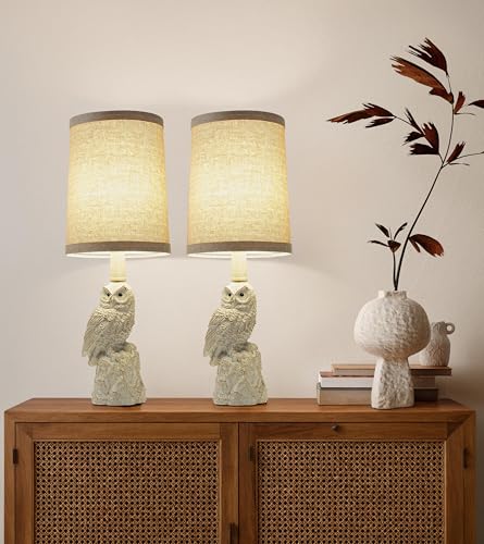 Vintage White/Wood Grain Owl Table Lamp - Resin Sculpture Base & Linen Shade | 16.5in Height Decorative Lamp for Bedroom/Study | Rocker Switch (WH-2) - color: WH-2