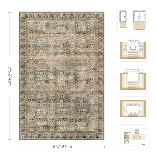 6x9 Area Rugs - Washable Vintage Retro Living Room Rug, Soft Ultra Thin Non Slip Low Pile Traditional Distressed Boho Carpet for Bedroom Dining Room Nursery Home Office, Charcoal Olive - color: B-charcoal / Olive, size: 6x9