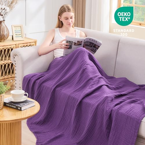 EMME Cotton Muslin Throw Blanket Couch Breathable Gauze Blanket Soft Lightweight Blankets Adults (Purple, 50"x60") - color: 13 - Purple, size: Throw (50" x 60")
