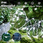 QITONG Solar Fairy Lights Outdoor Waterproof, 2 Pack Each 66ft 200 LED White Christmas String Lights, Silver Wire Twinkle Mini Lights with 8 Modes - color: White