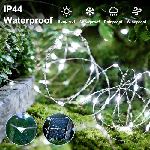 QITONG Solar Fairy Lights Outdoor Waterproof, 2 Pack Each 66ft 200 LED White Christmas String Lights, Silver Wire Twinkle Mini Lights with 8 Modes - color: White